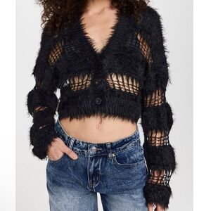 The Ragged Priest Realm Cardigan Black Furry Cropped Sweater w Cutouts